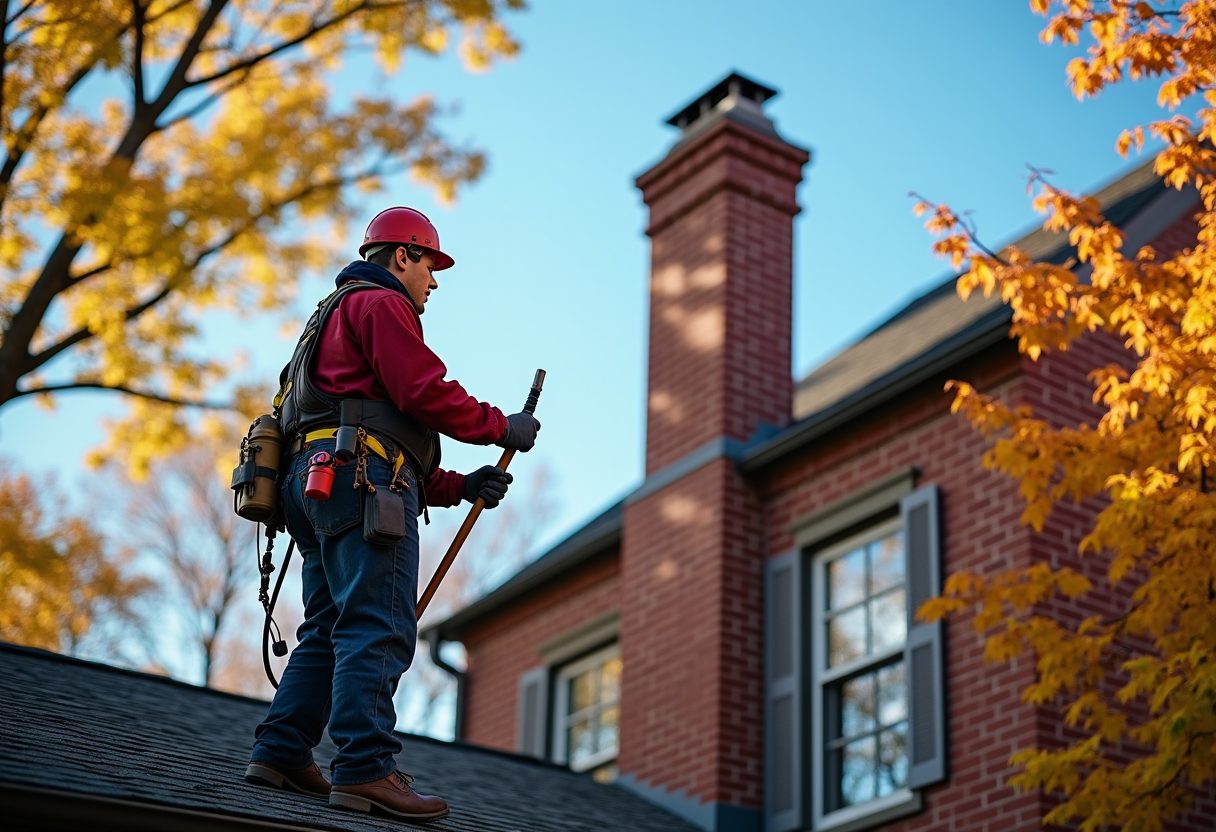 Chimney sweep on the roof of a brick colonial home — Kent